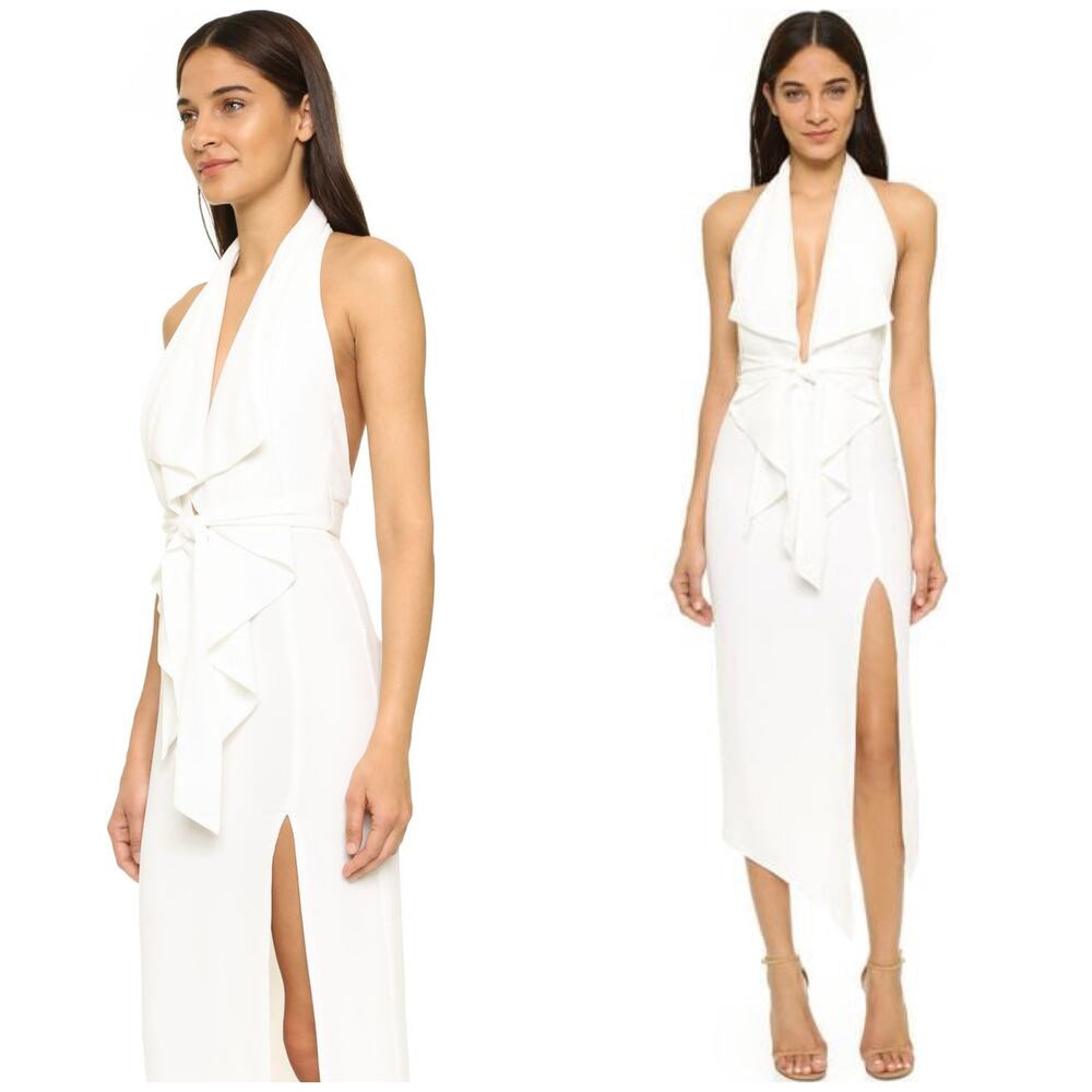 Misha Collection White Lorena Midi Dress Size 4 Halter Plunge Bridal Resort Wear